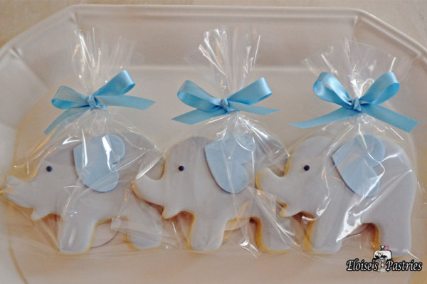 blue baby shower cookies, blue elephant cookies, baby shower favors